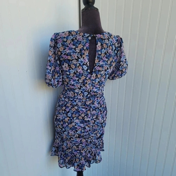 Allison & Kelly Dress Womens Blue Floral Short Slv Keyhole Mesh Rutched Ruffle M - Picture 10 of 16